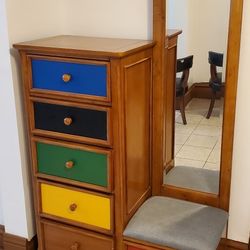 Colorful Dresser With Mirror And Seat