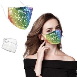 Bling Sequin Face Mask for Women, Sparkly Glitter Fashion Face Mask with 2 Filters Reusable Washable,Rainbow
