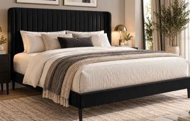Queen Bed Frame, Velvet Upholstered Platform Bed with Vertical Channel Tufted Headboard, Mattress Foundation with Strong Wooden Slats, Box Spring Opti