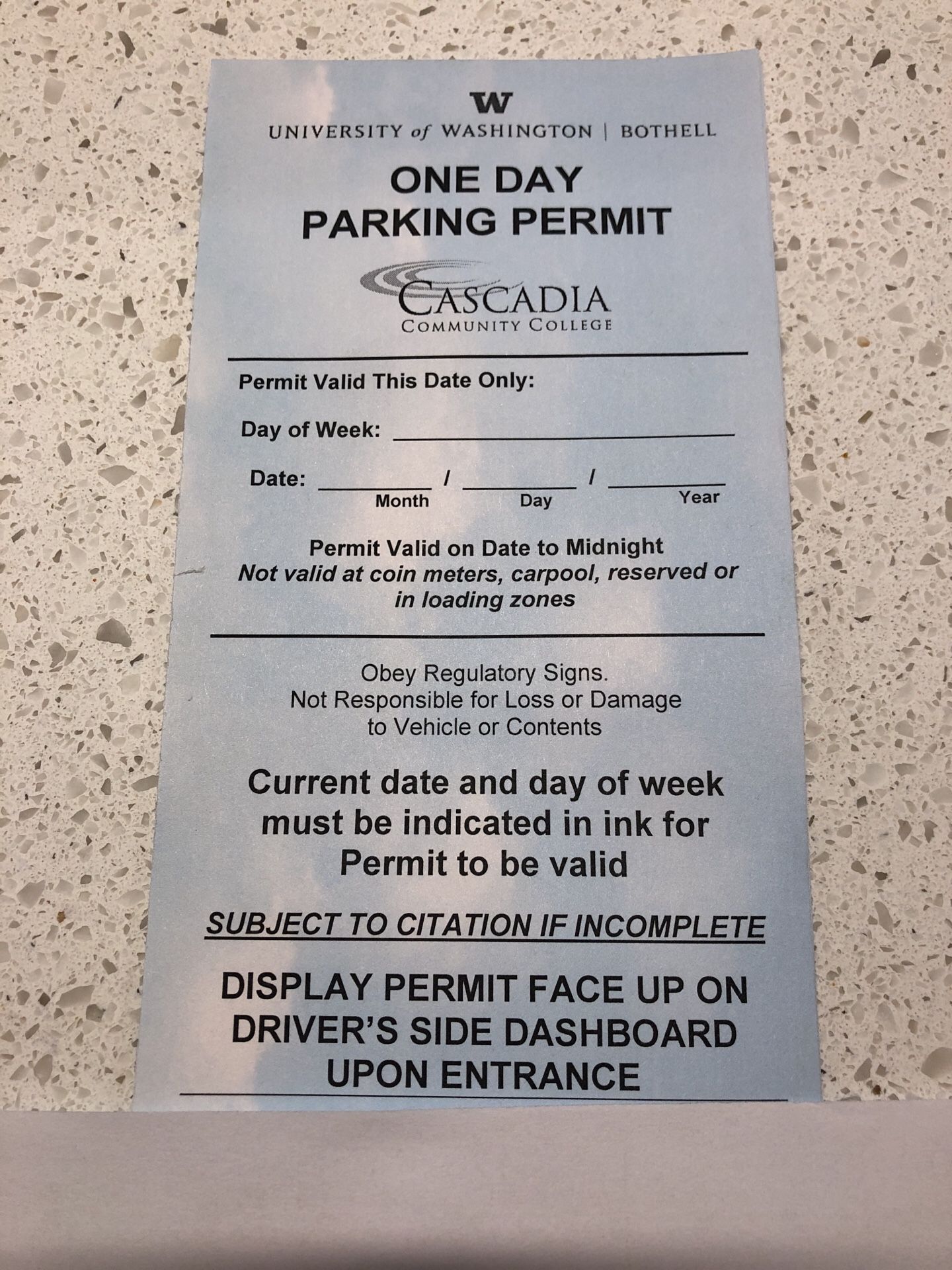 UW Bothell / Cascadia - 7 one-day parking permits