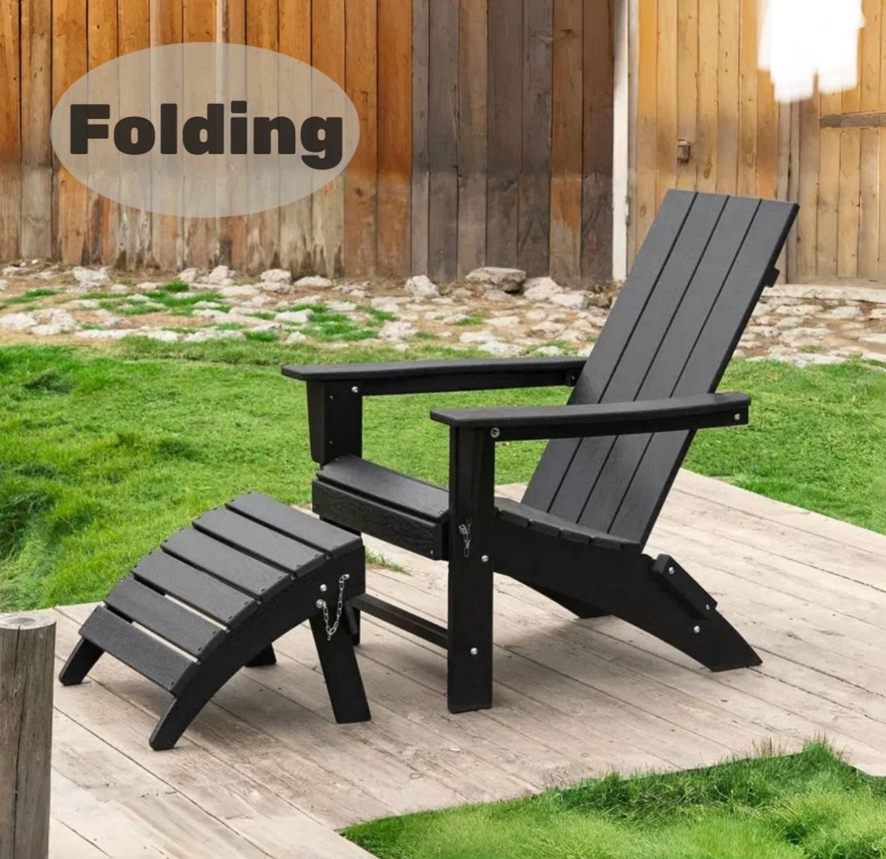 Folding Adirondack Chair with Ottoman HDPE All Weather Outdoor Foldable Adirondack Patio Chair, New In Box