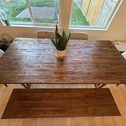 Castlery Hudson Dining Table and Bench with Four Seb Fabric Chairs