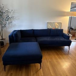 West Elm Andes 3-Piece Sectional Chaise + Ottoman - Navy Blue 