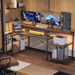 71.5 inch Computer Desk with Power Outlets, L Shaped LED Home Office Desk with Long Monitor Stand, Large Corner Desk with Storage Shelf, Cup Holder & 
