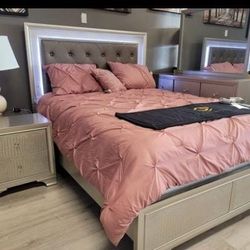 Lyssa Champagne LED Panel Bedroom Set Queen or King Bed Dresser Nightstand Mirror With INTEREST-FREE Payment Options 