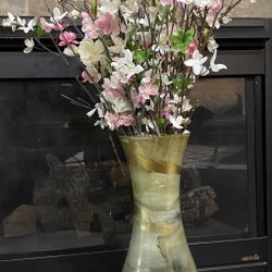A Painted Glass Vase With Artificial Flowers
