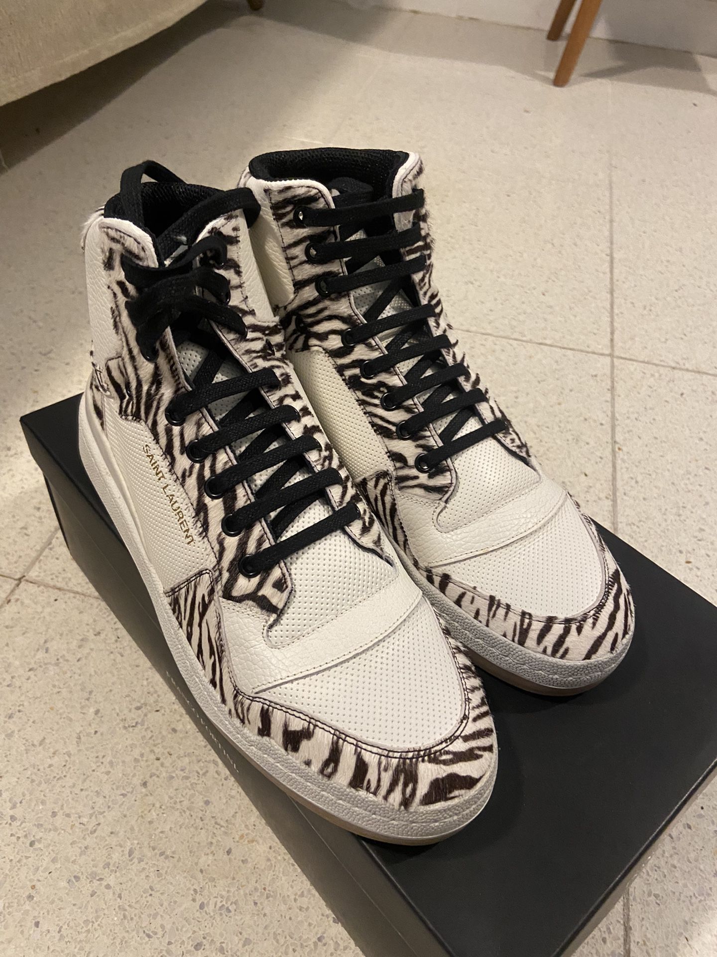 Saint Laurent  Zebra Leather-Calf Hair High Top Sneakers Size 42