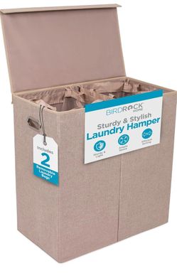 BIRDROCK HOME Tall Double Laundry Hamper with Lid, Cream, 25.75” Dirty Laundry Basket with 2 Removeable Bags for Sorting, Clothes, Linens - Collapsibl