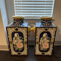 Pair Of Hand Painted Ceramic Mediterranean Style Large Vases / Urns