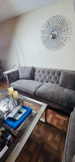 Grey Tufted Velvet Armchair and Sofa Set with Nailhead Trim