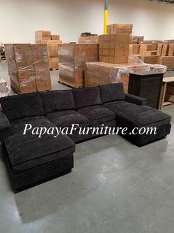 NEW Modern Black Chenille Fabric Sectional with TWO Chaise Lounge Set Big Space Large Living Room U Shape Sofa Discount Couch Furniture Charcoal Gray 