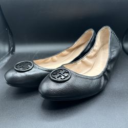 Size 12 Tory Burch Minnie Travel Ballet Flats Black Leather Logo