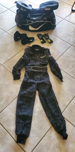 Kids Carrera Carting Racing Suit with Nike Shoes, KD Gloves, 2 Helmet collars, Nike Gear Bag all sold together