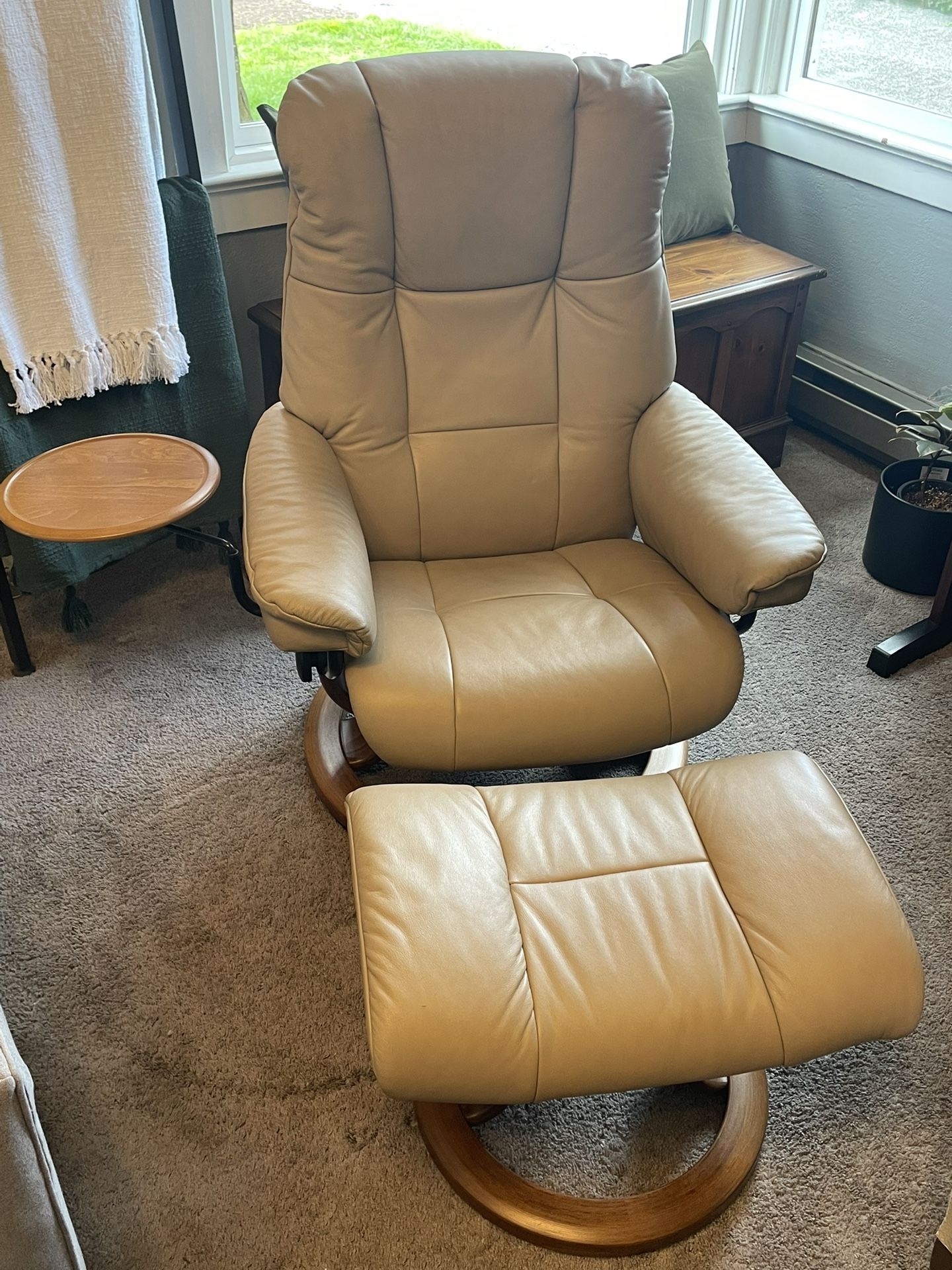 Leather Swivel Recliner with Attached Side Table and Ottoman