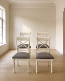 White Cross-Back Dining Chairs – Gray Cushioned Seats