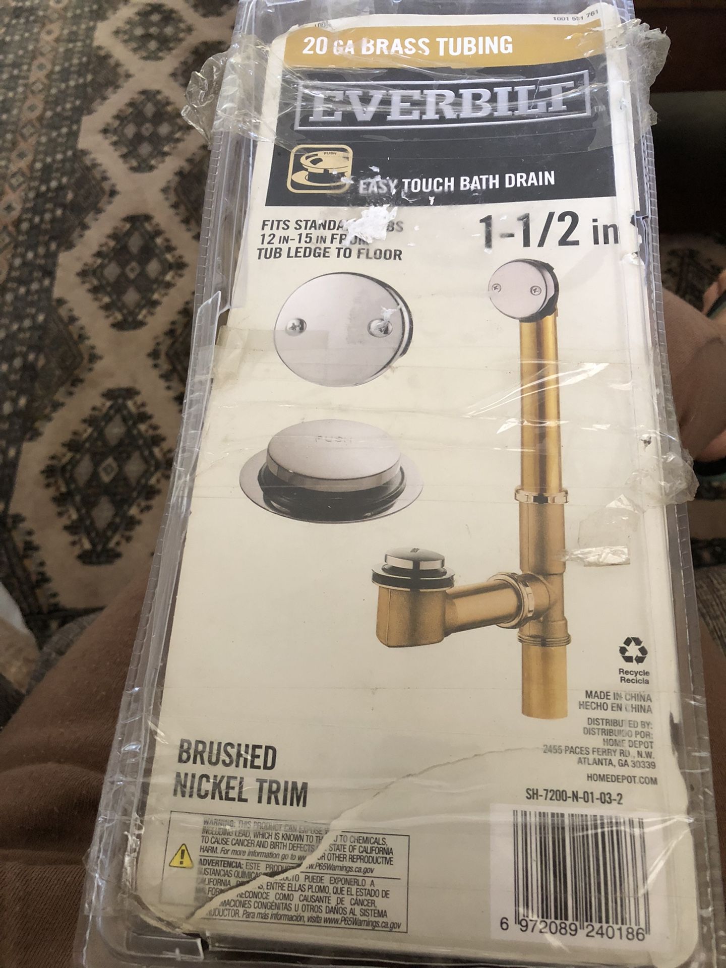 Open Box EverBilt 20 GA BRASS TUBING Easy Touch Bath Drain 1-1/2”Brushed Nickle Trim Fits Standard Tubs 12”-15” From Tub Ledge To Floor