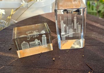 3D Laser Engraved Crystal Glass Souvenir Blocks Set of 2