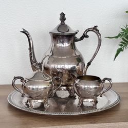 Antique FB Rogers Silver Tea Set With Teapot Cream Sugar And Tray
