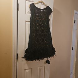 Size 8 Black Fitting Dress With Feather Boarders 