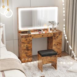 Vanity Desk with Charging Station for Bedroom and Dressing Room LED Lights, Drawers, Mirror, Drawer space, Daily home use