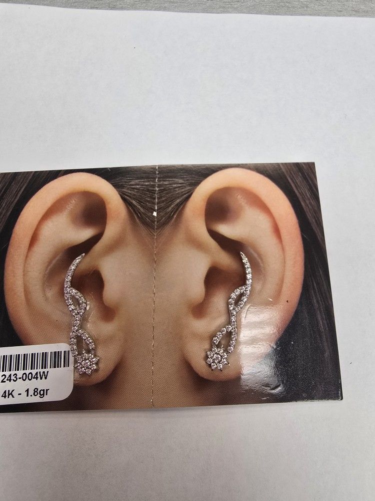 14k White Gold Crawler Earrings White Zirconia New