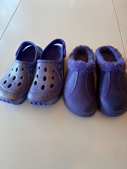Lot of 2 Kids Sz 2-3 Purple Croc Style Shoes Glitter Fur Lined