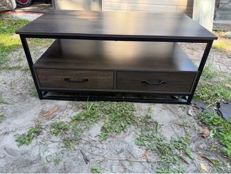 Industrial Coffee Table with 2 Storage Drawers & Open Shelf - Rustic Wood
