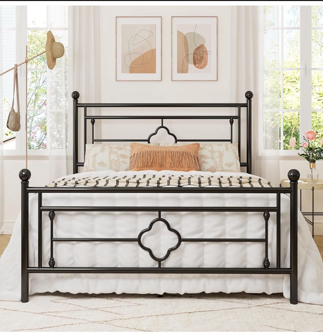 Queen Size Metal Platform Bed Frame with Victorian Vintage Headboard and Footboard/Mattress Foundation/Under Bed Storage/No Box Spring (BC11)