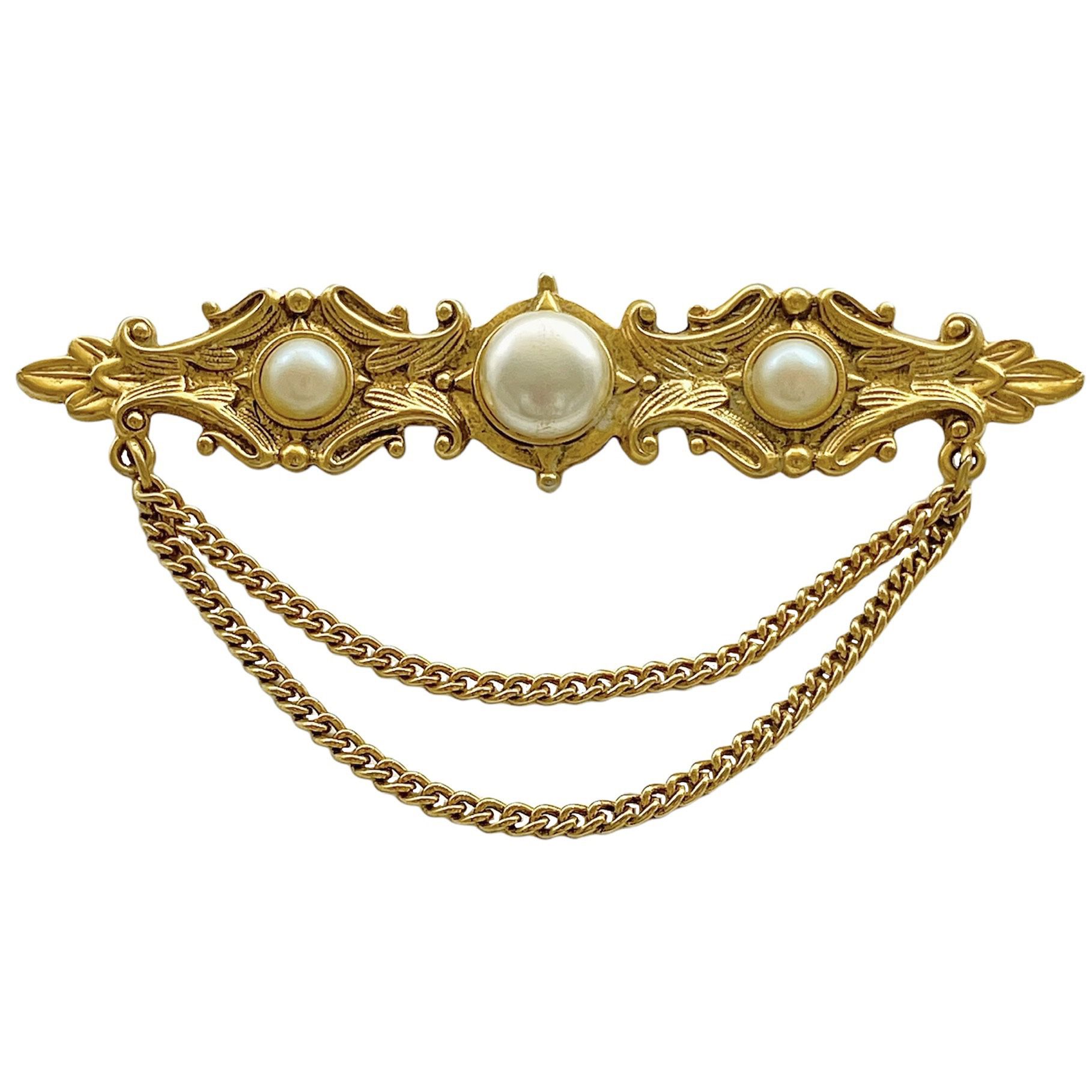 Victorian Style Collar Brooch - Gold Plated Faux Pearls Bar Pin - Vintage Fashion Jewelry 