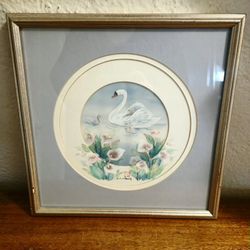 STUNNING J. Cheng Signed Gouache Painting Swans & Water Lilies Custom Framed