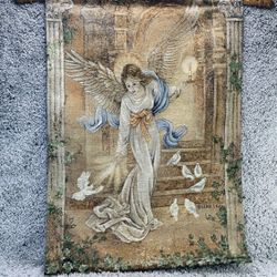 VTG Lena Liu Angel of Light Religious Wall Art Hanging Tapestry Wooden Rod Decor