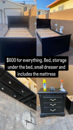 Black Bed Headboard With Storage Underneath , Dresser And Mattress Included