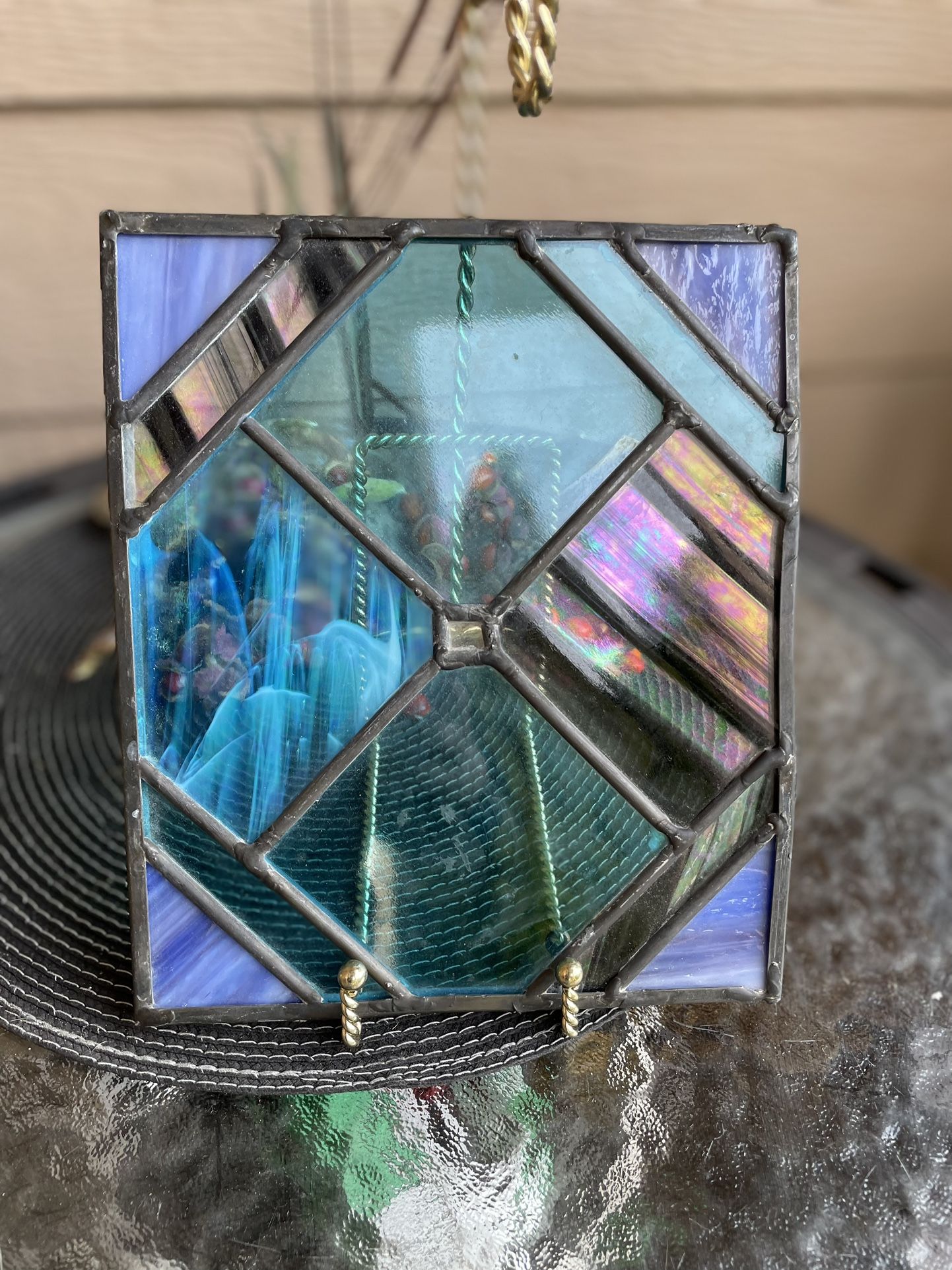 Antique Iridescent Stained glass Sun Catcher 6.75” X 9”