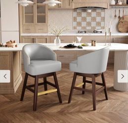 26.4"H Faux Leather Upholstered Solid Wood Swivel Bar Stools / Counter Stools - 2PC - LightGrey - Counter Height