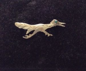 Sterling with Turquoise Eye Roadrunner Pin 2"