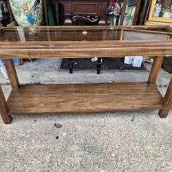 Nice VINTAGE  DANISH  MODERN TEAK WOOD CONSOLE  TABLE  WITH  SMOKE  BROWN  GLASS  CENTER  PIECE 