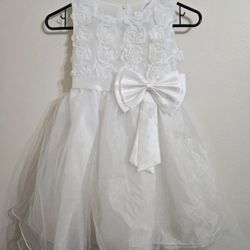 Girls White Rose With Bow Dress 
