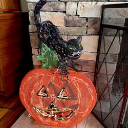 Black Cat on Pumpkin Halloween Display