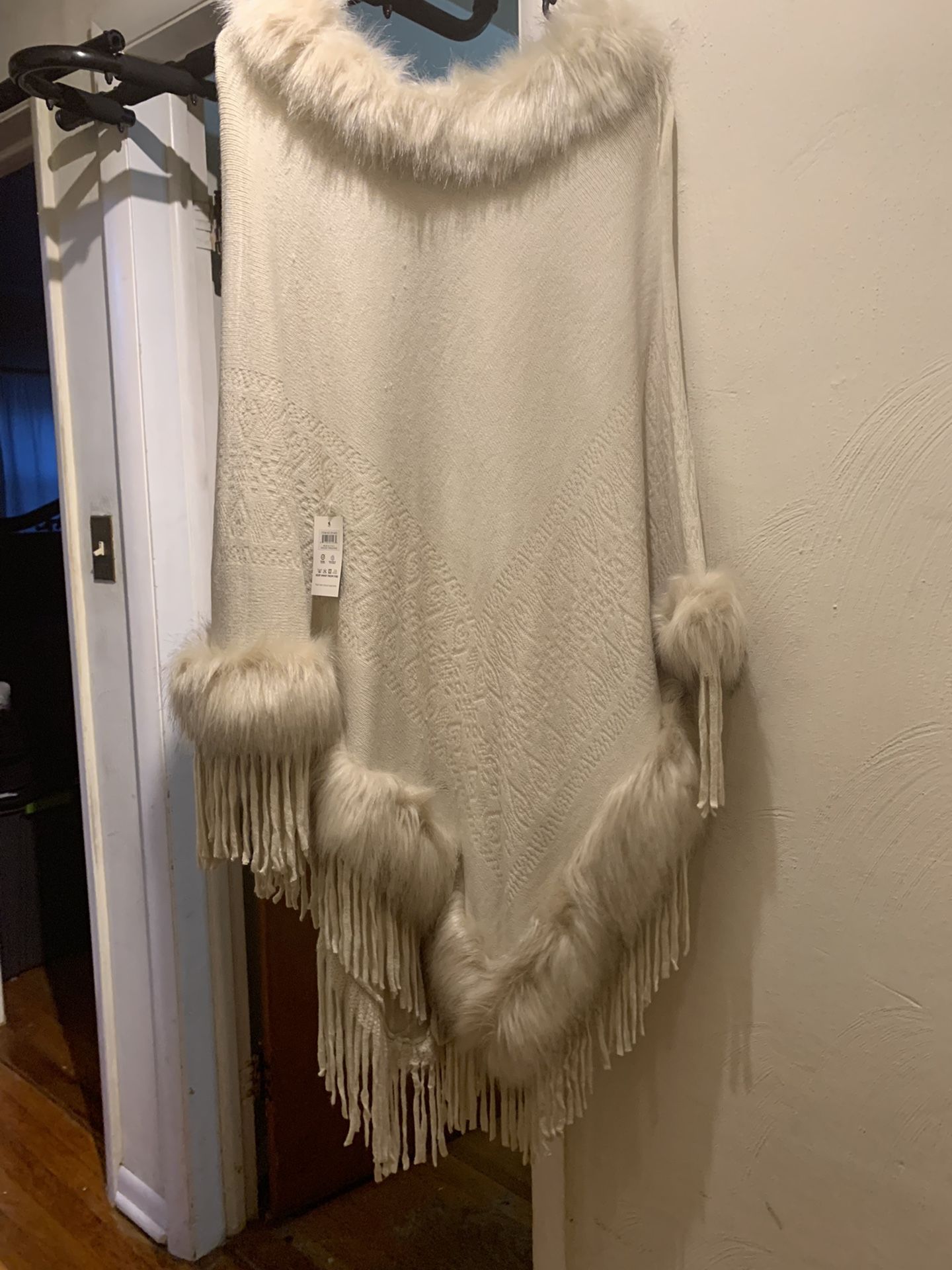 Tan Faux Fur Trimmed Poncho