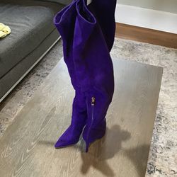 Purple thigh high suede-look boots - Only worn once for two hours -6