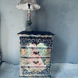 Redesigned nightstand with Victorian woman appliqué