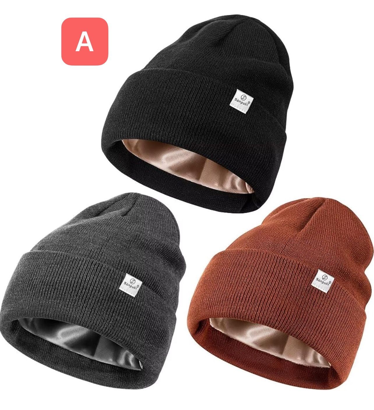pls choose A ,B or C:Satin Lined Beanie for Women Men, Silk Lined Winter Hats for Cold Weather, Warm Cable Knit Skull Cap Cuffed Beanies