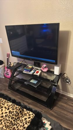 Black Glass 3-Tier TV Stand AND 50 INCH TV INCLUDED