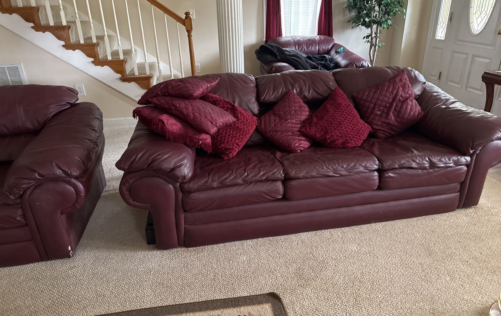 Burgundy Leather Sofa & Love Seat