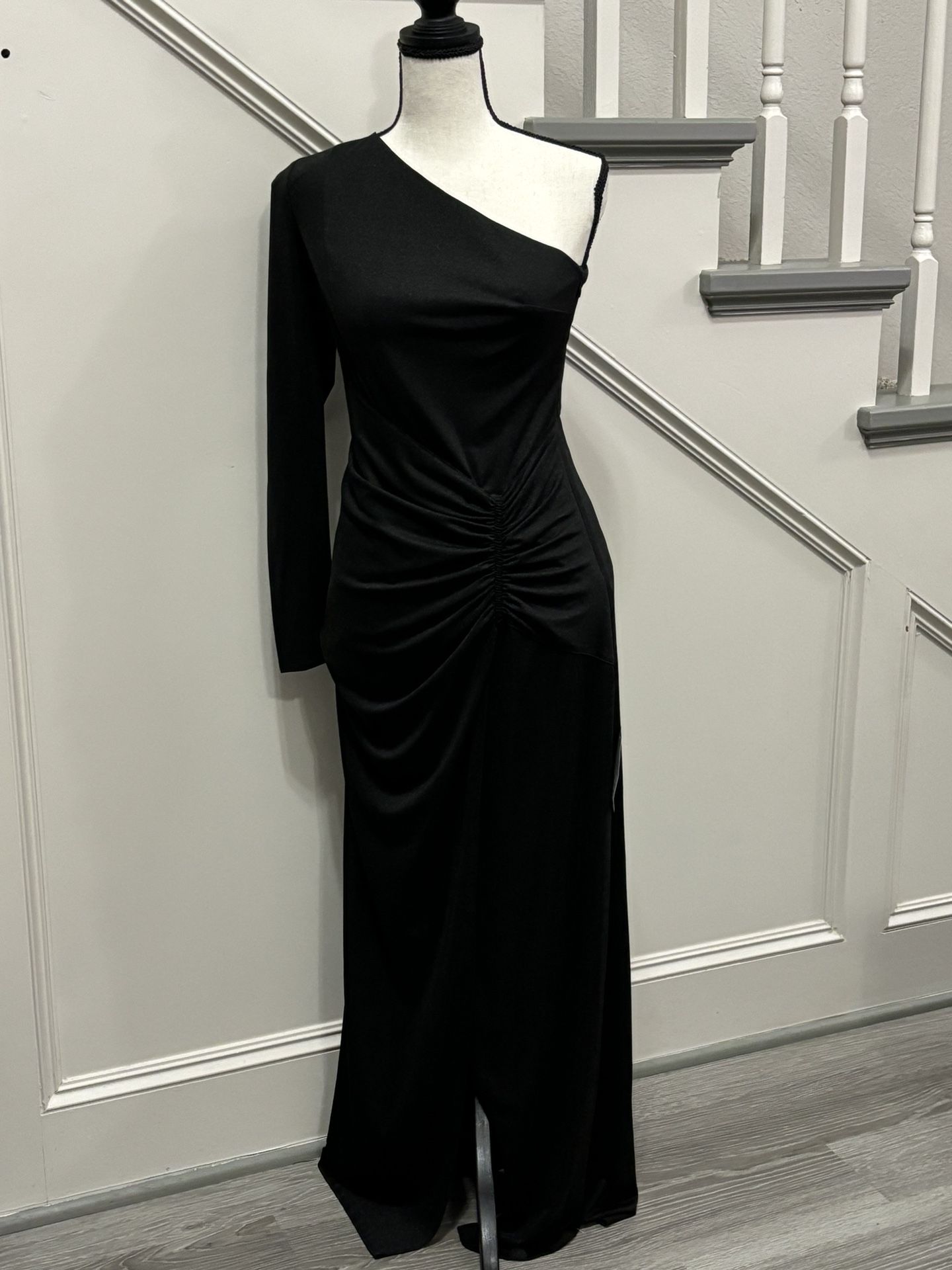 New Halston Black Shimmer One Shoulder Formal Prom Dress 2