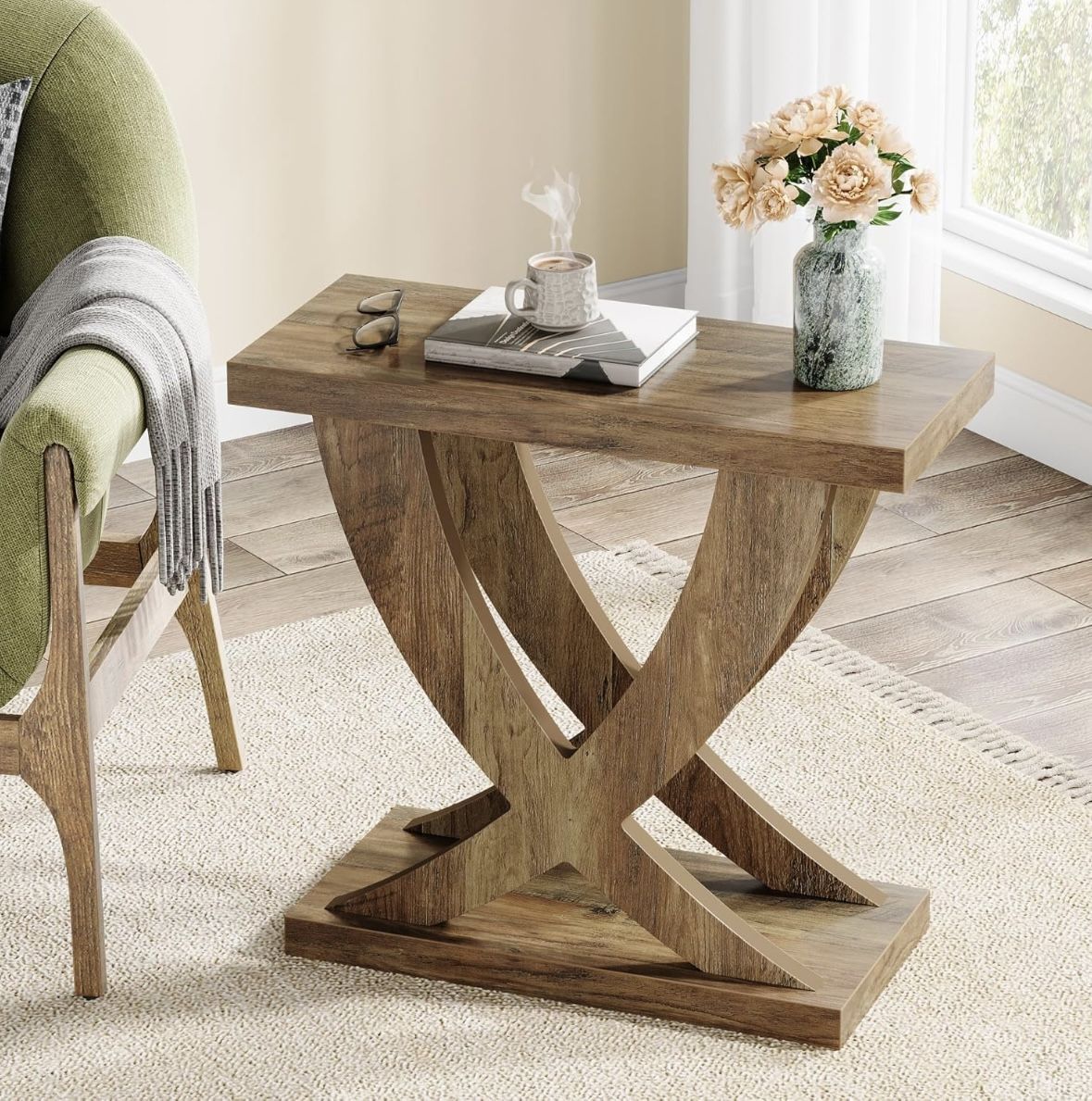 Tribesigns Wood End Side Tabl e for Living Room, Night Stand for Bedroom with Cross Fishtail Support, Farmhouse Night stand for Small Spaces