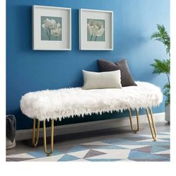 White Faux Fur Ottoman Bench Upholstered Furry Entryway Bedroom Bench with Gold Metal Legs, Modern Contemporary Long Bench Ottoman Hair Foot Rest Stoo