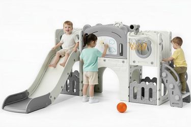 10-in-1 Large Toddler Slide Set, Kids Slide Climber Playset with Drawing Board, Basketball Hoop, Sturdy Baby Playground, Indoor Outdoor Playhouse for 
