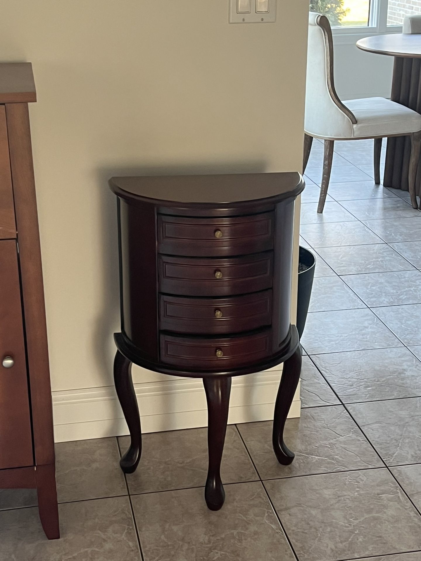 Solid Wood Demilune Jewelry Chest / Half Moon Accent Table – 4 Drawer
