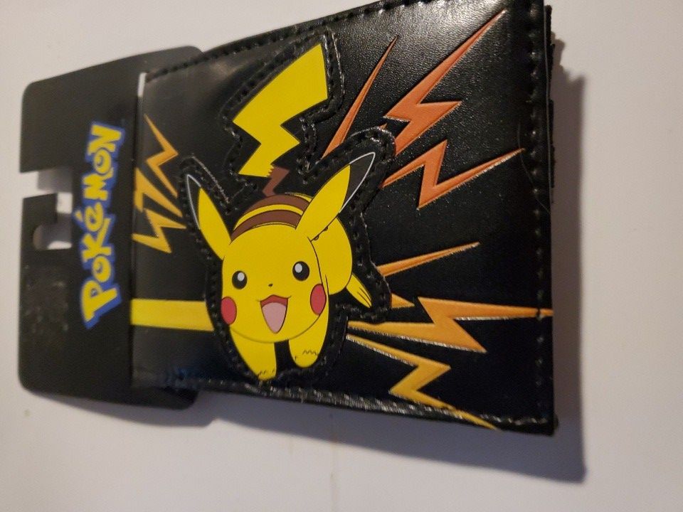 Vintage Pakemon Pikachu With Lighting Leather Black Wallet Bi-fold.